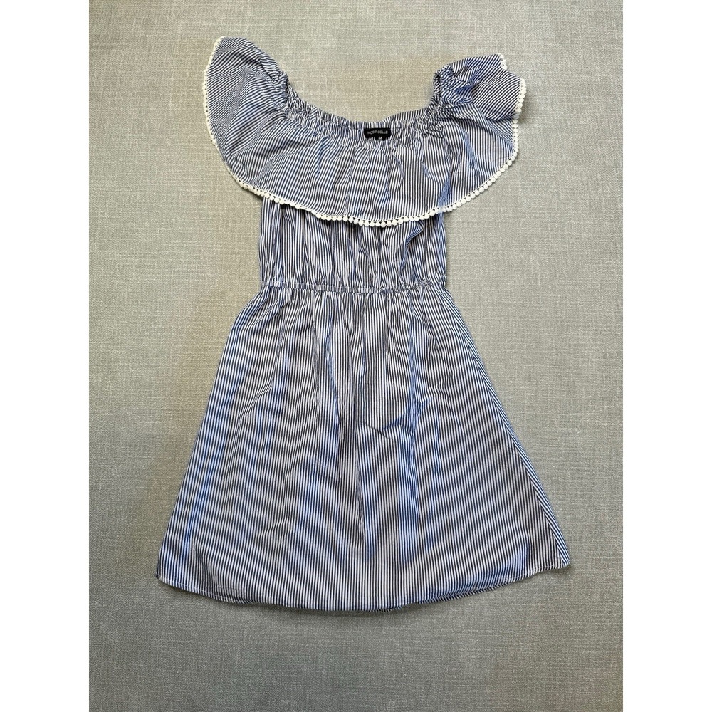 Most Collet Blue Stripe Off Shoulder Ruffle Dress Women's M 100% Cotton